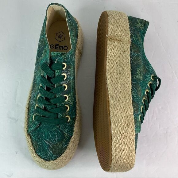 GEMO Round Toe Lace Tie Platform  Green/Leafs Print Espadrilles Sz 38/US 7.5 - Picture 2 of 10
